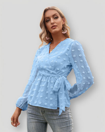 ÉLISE – Elegant V-neck blouse with decorative dots | Light & lined