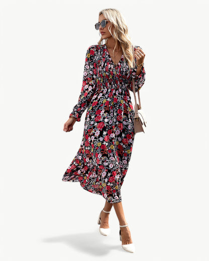 LÉONTINE – Floral Midi Dress with Long Sleeves | Romantic and Airy