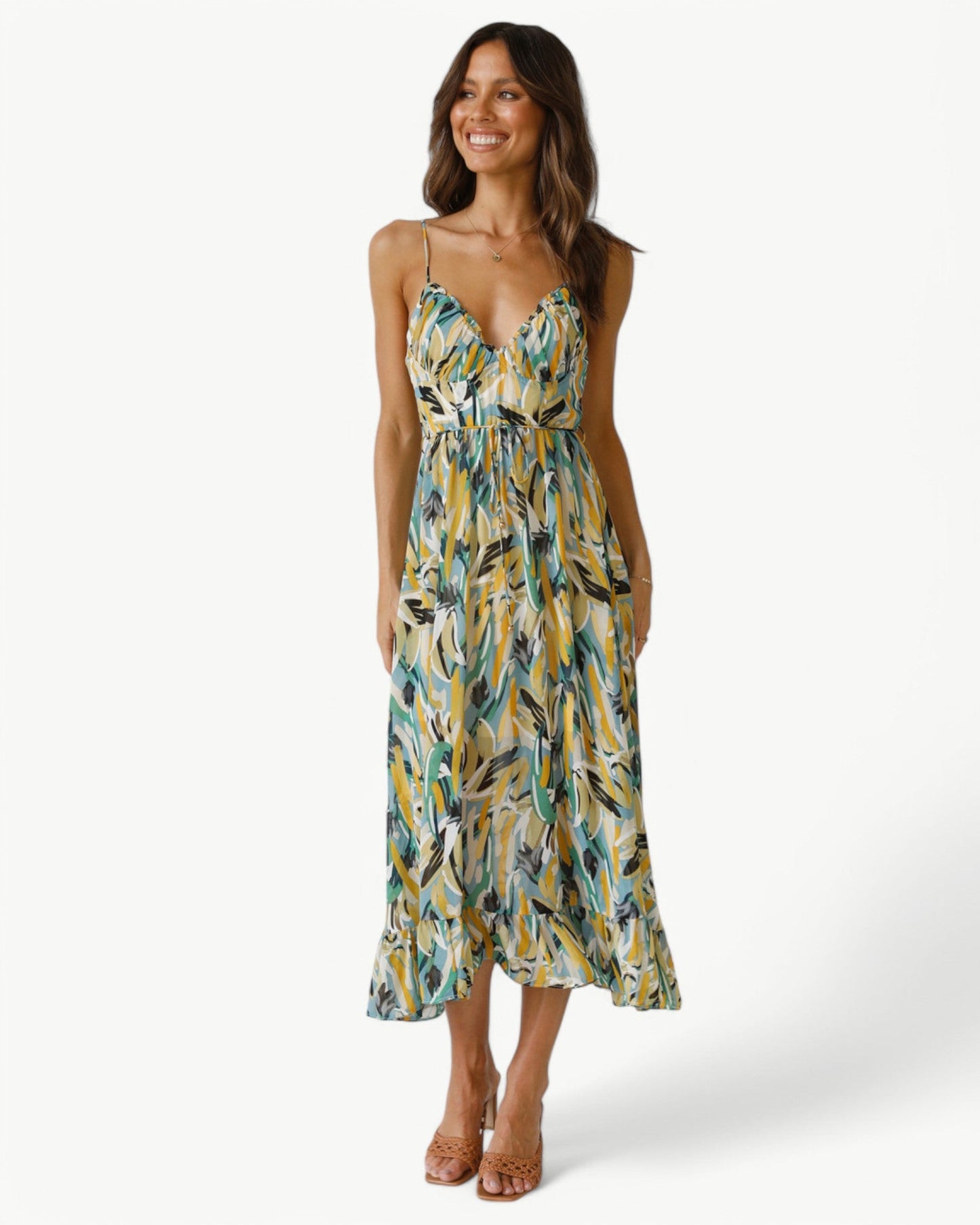 SIENNA – Patterned Midi Dress with Thin Straps – Feminine and Summery