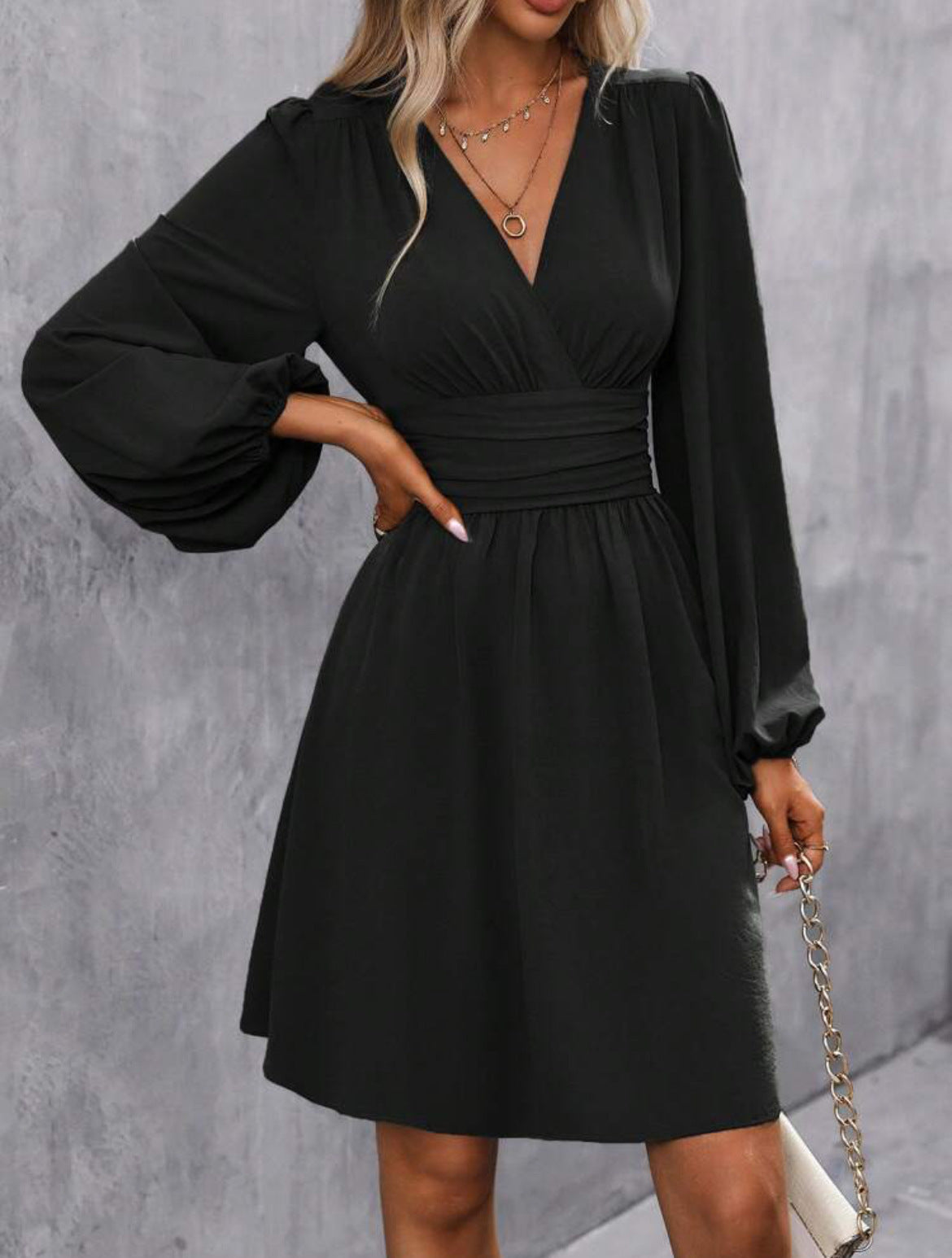 AMANDA - PUFF SLEEVES & V-NECK - DRESS