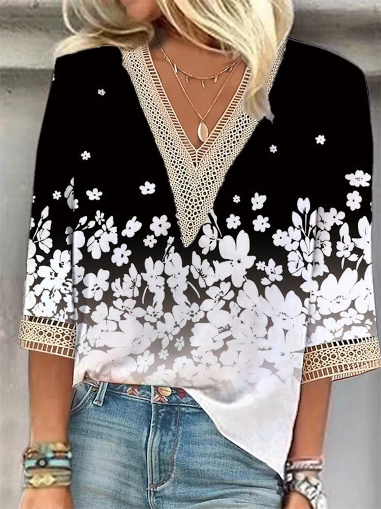 CLARISSE – Patterned V-Neck Blouse