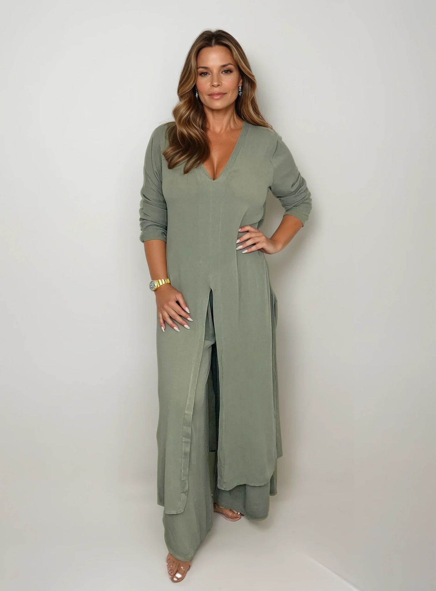 SÉVERINE – Elegant 2-piece set with V-neck long tunic & pants | Airy & sophisticated