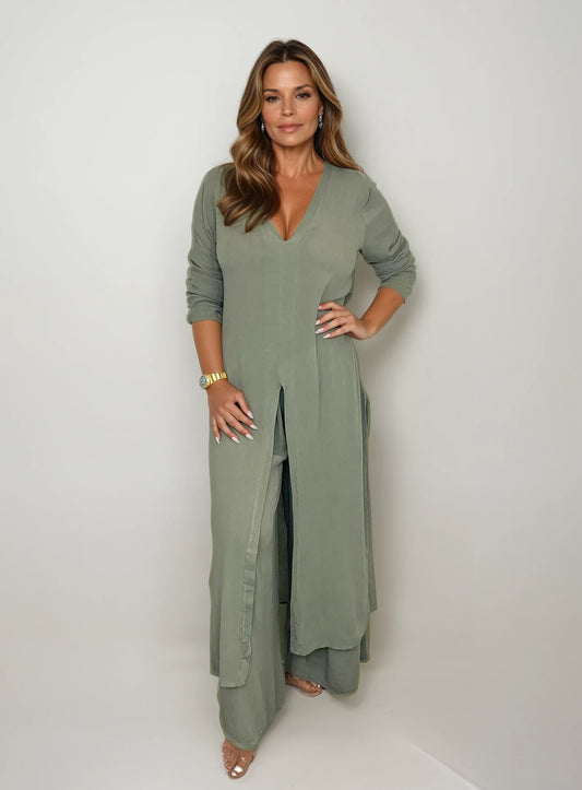 SÉVERINE – Elegant 2-piece set with V-neck long tunic & pants | Airy & sophisticated