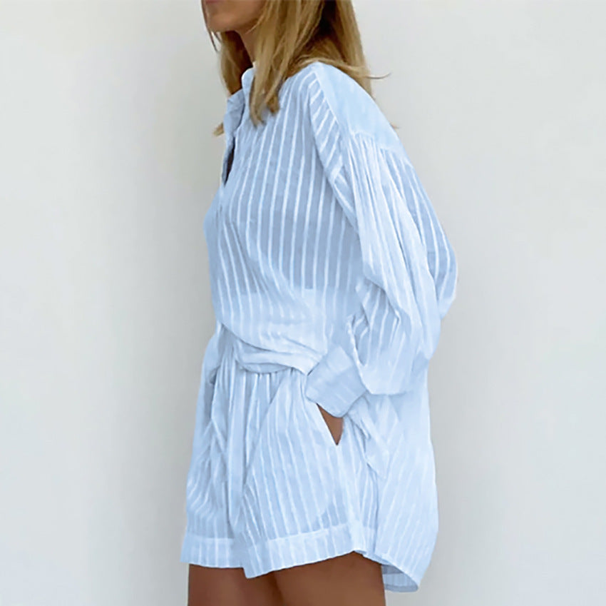INES – Striped set with long-sleeved shirt & shorts | Airy, graceful & relaxed