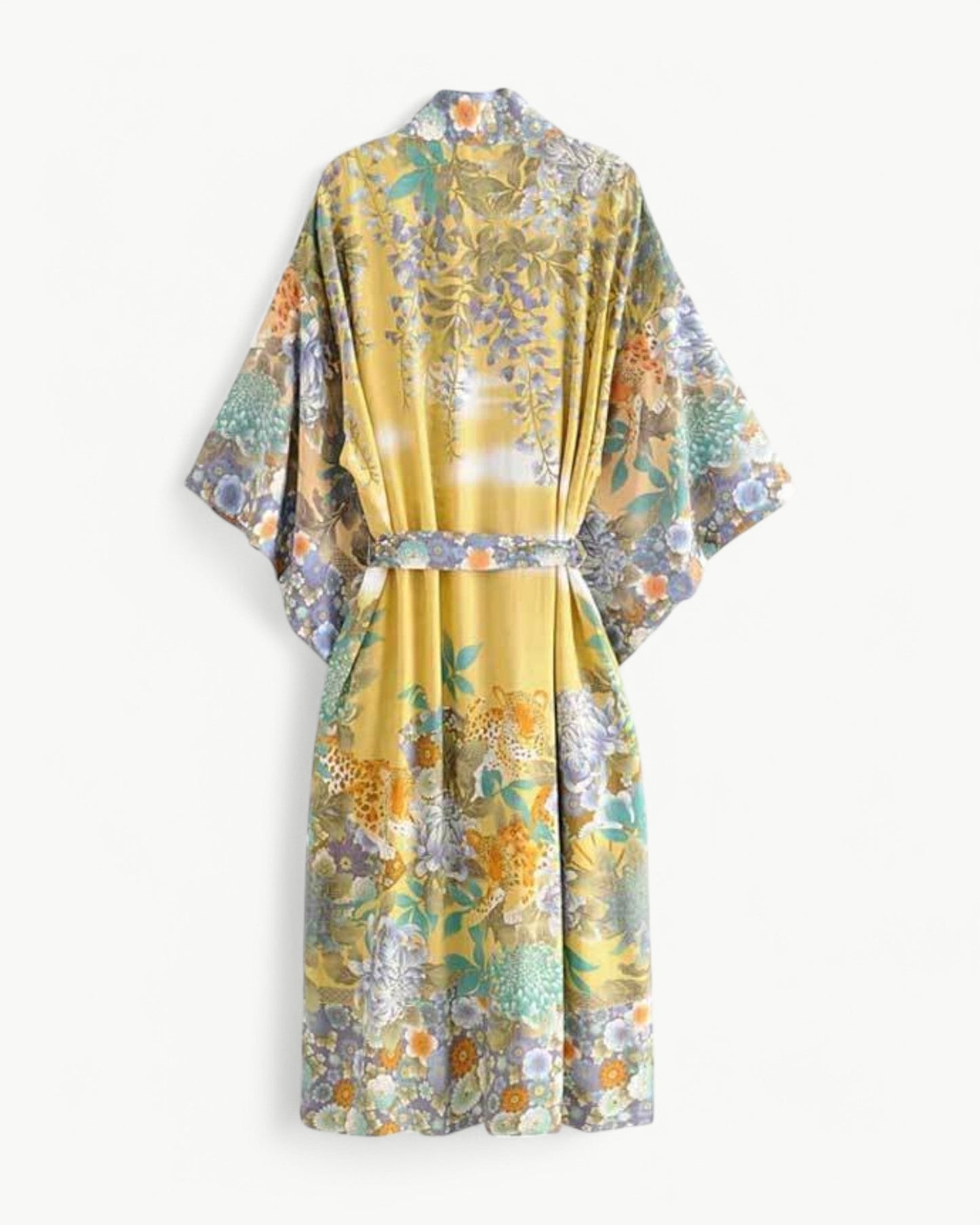 FLEUR – Long kimono with floral pattern, pockets & waist tie