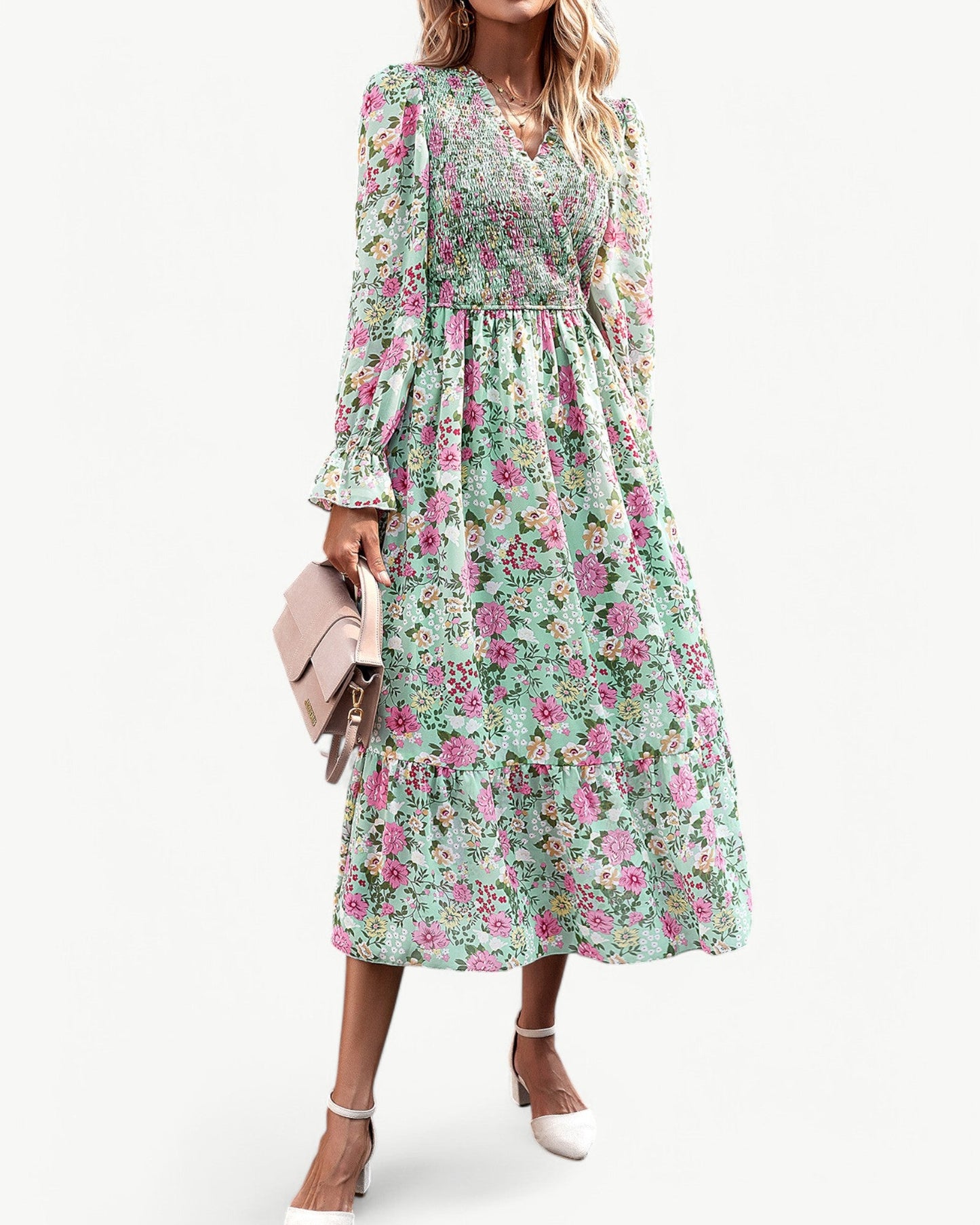 LÉONTINE – Floral Midi Dress with Long Sleeves | Romantic and Airy