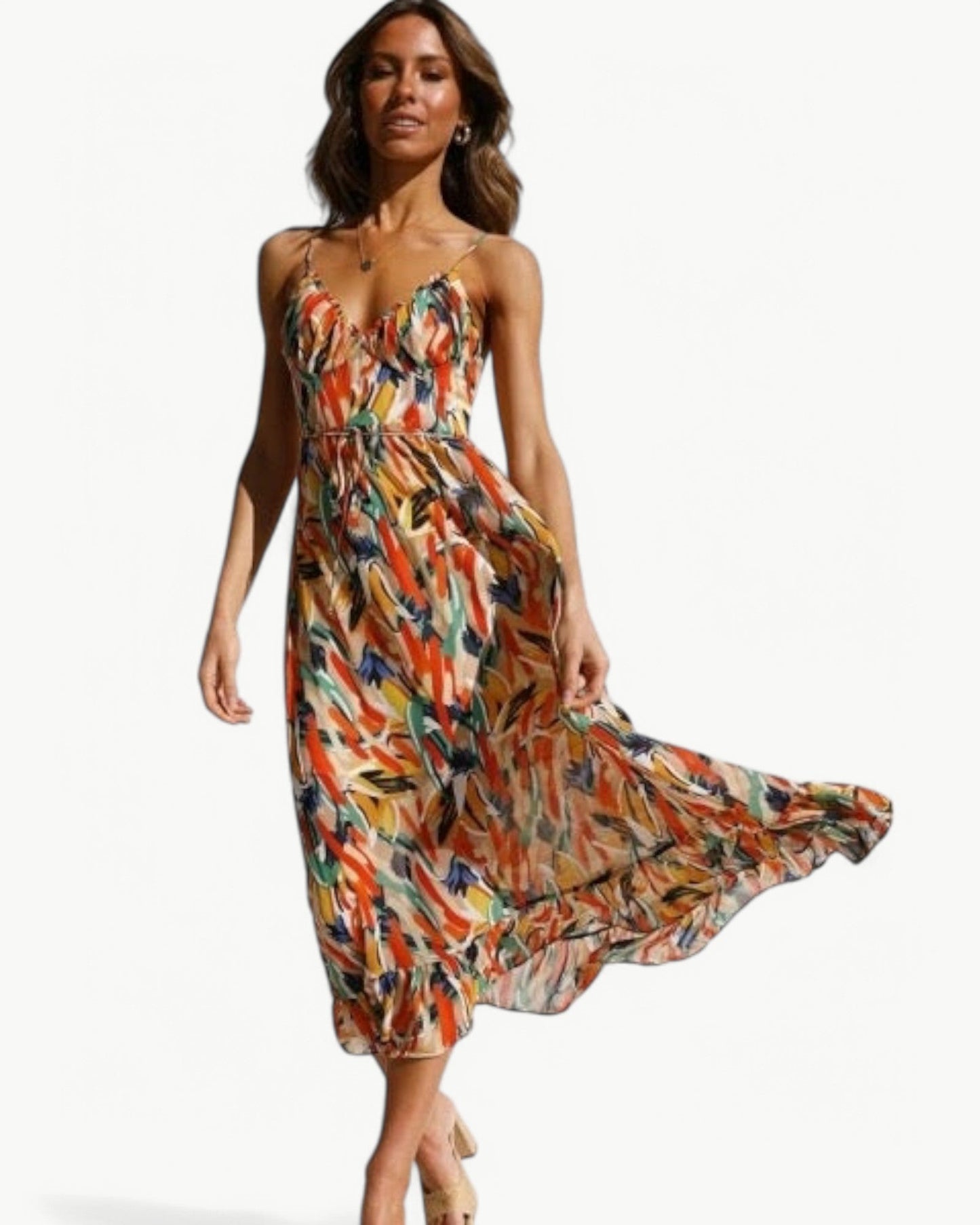 SIENNA – Patterned Midi Dress with Thin Straps – Feminine and Summery