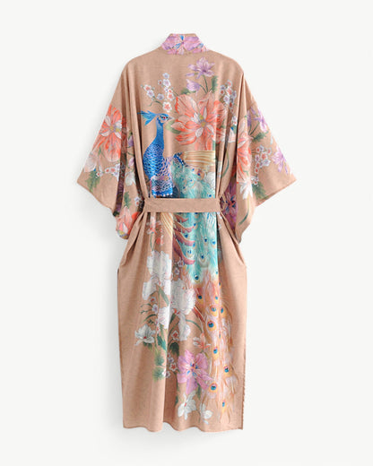 JOLIE – Long kimono with floral & peacock pattern | Elegant & airy