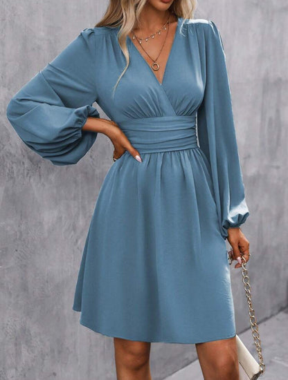 AMANDA - PUFF SLEEVES & V-NECK - DRESS