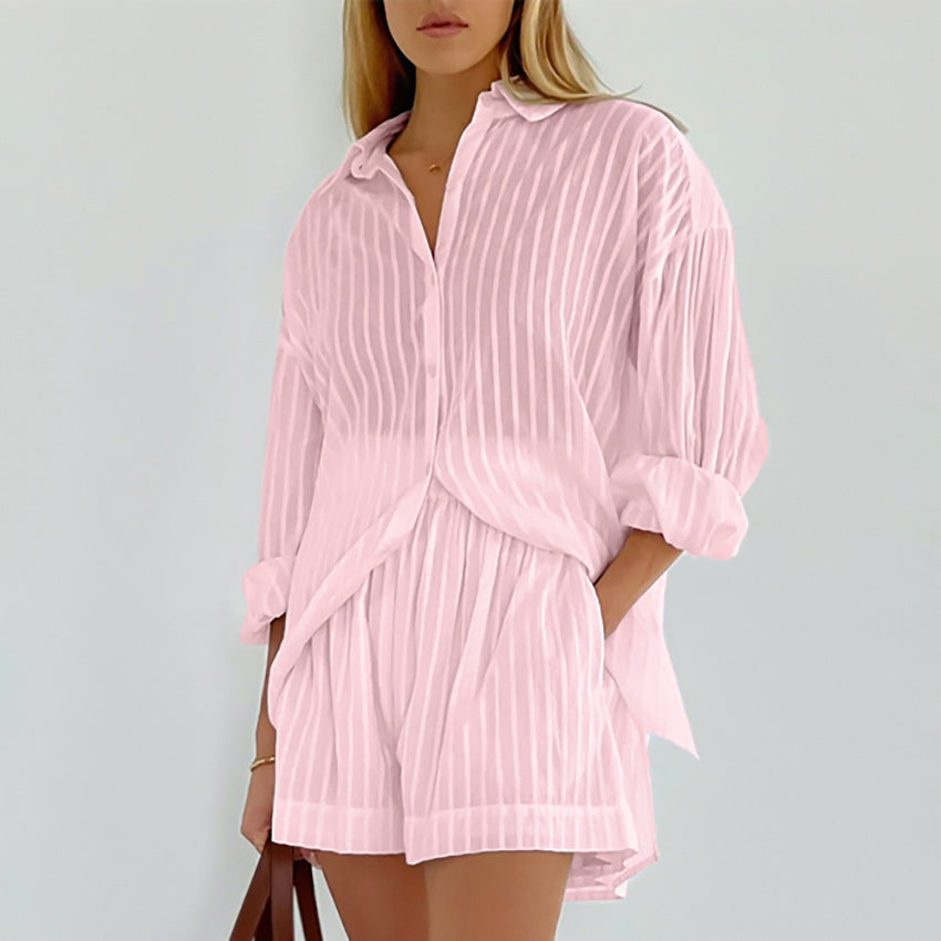 INES – Striped set with long-sleeved shirt & shorts | Airy, graceful & relaxed