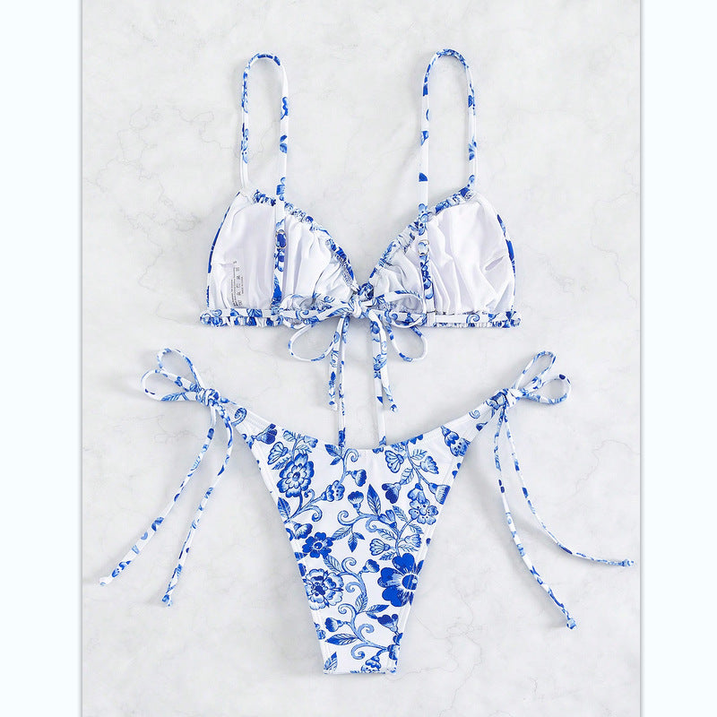 ÉLISE – Floral Vintage-Style Bikini Set | White & Blue