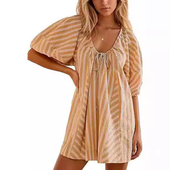 VALENTINA – Striped Short Jumpsuit with Tie | Comfortable and Summery