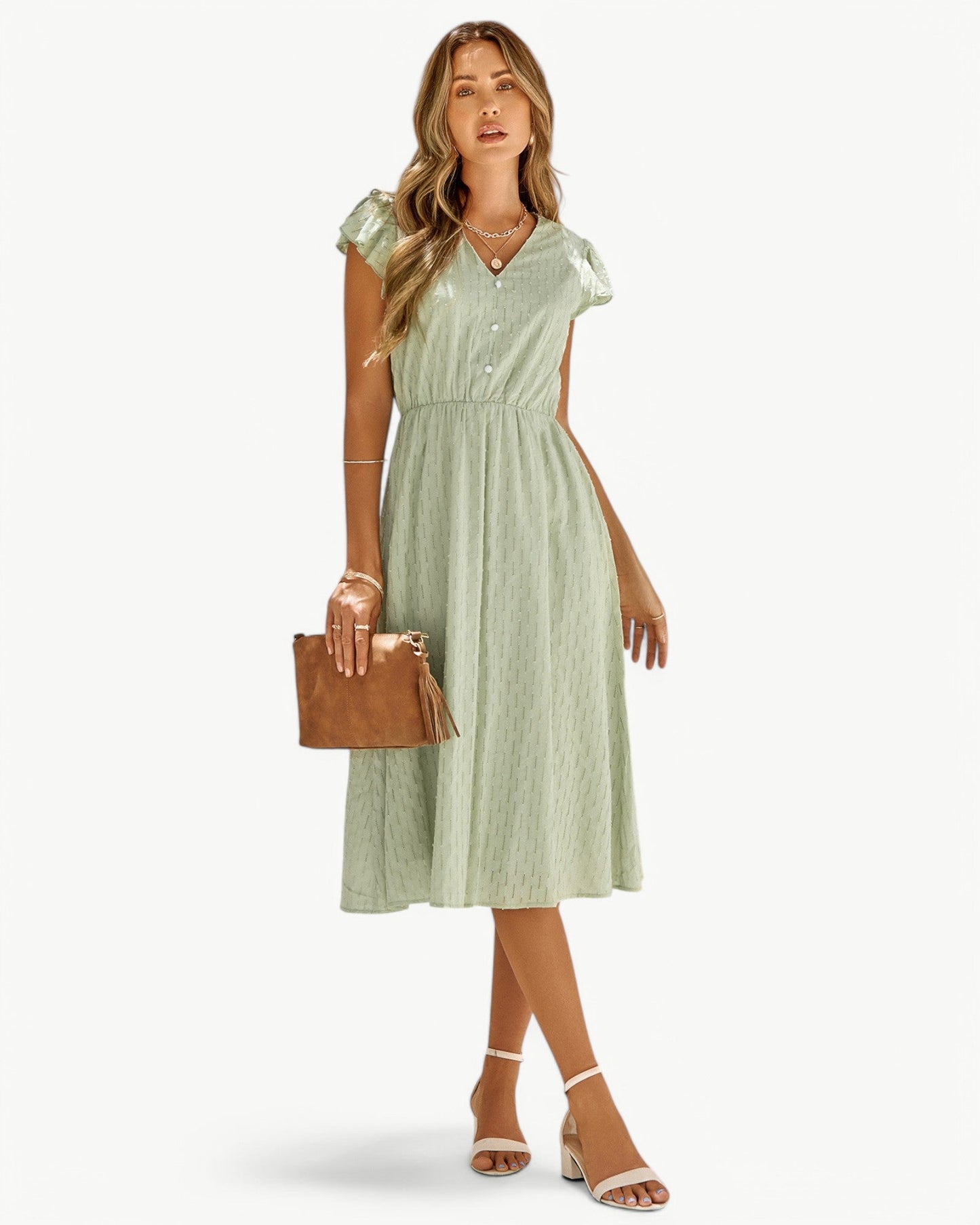 LARA – Midi Dress with V-Neck and Ruffle Sleeves – Light & Stylish Favorite