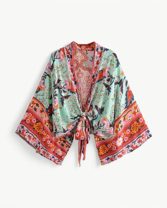ODÉLIA – Bohemian kimono blouse with tie front & V-neck