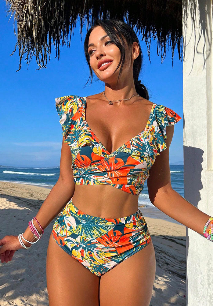 MAËLLE – Bikini set with wrap top & high waist | Leaf pattern & flattering design