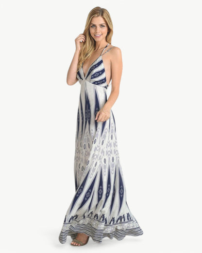 MATHILDE – Maxi dress with V-neck, open back, and pattern | Airy & summery
