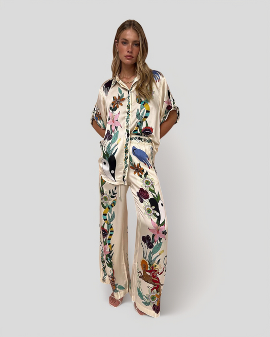 Unique Satin Garment – Short-Sleeved Shirt & Pants with Elastic Waist & Pockets (sold separately)