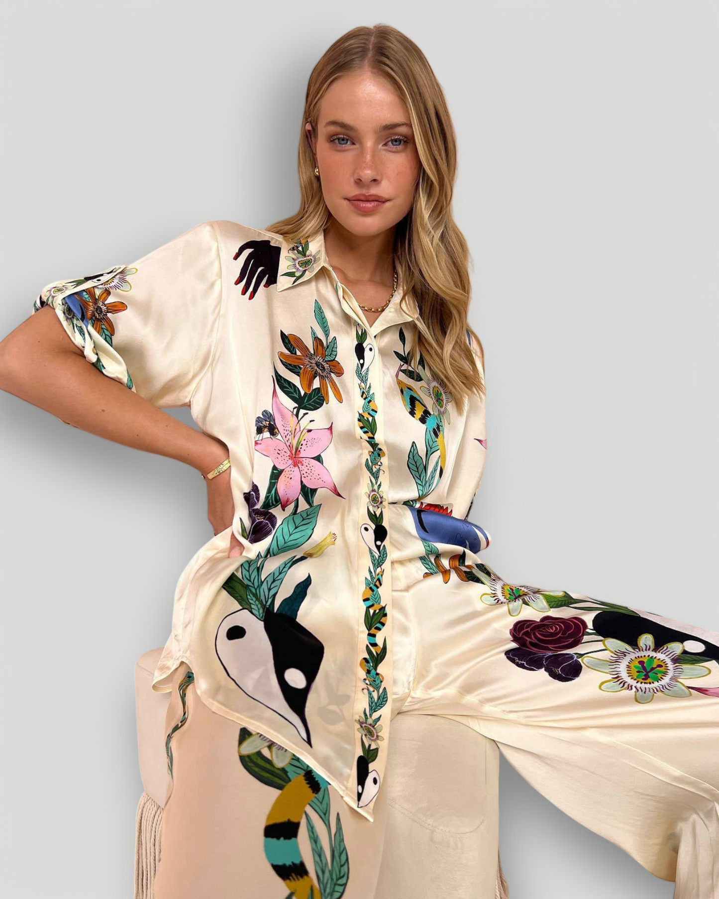 Unique Satin Garment – Short-Sleeved Shirt & Pants with Elastic Waist & Pockets (sold separately)