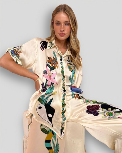 Unique Satin Garment – Short-Sleeved Shirt & Pants with Elastic Waist & Pockets (sold separately)