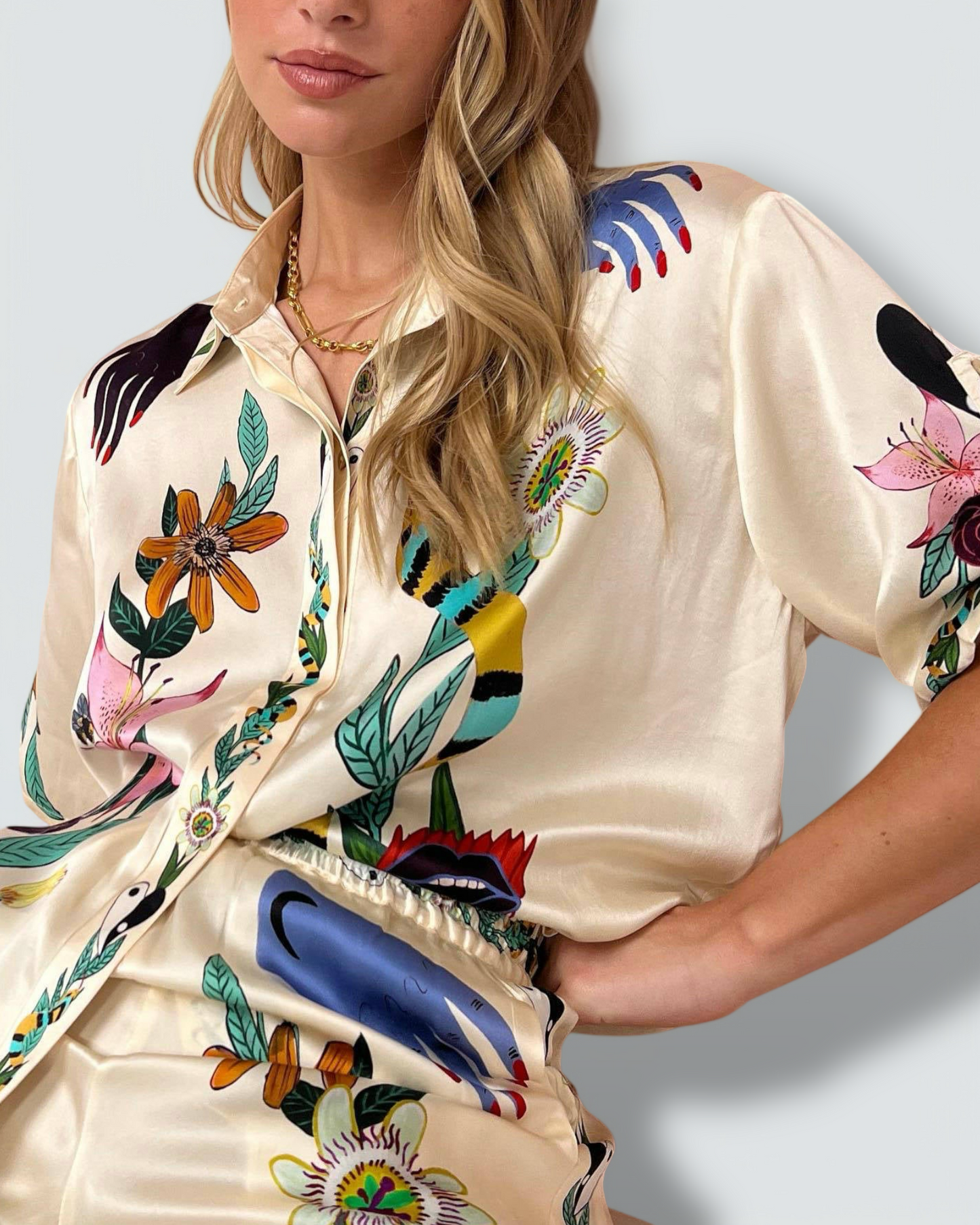 Unique Satin Garment – Short-Sleeved Shirt & Pants with Elastic Waist & Pockets (sold separately)