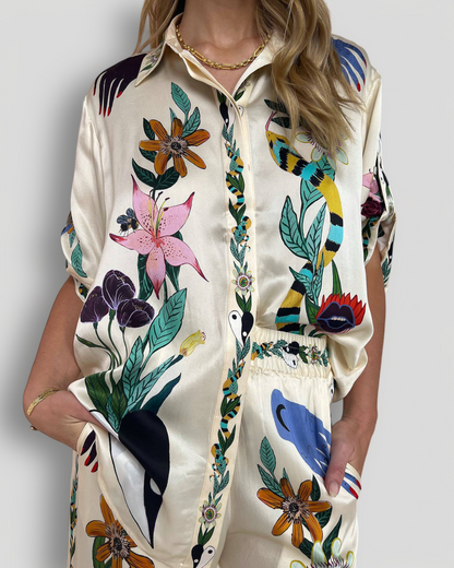 Unique Satin Garment – Short-Sleeved Shirt & Pants with Elastic Waist & Pockets (sold separately)