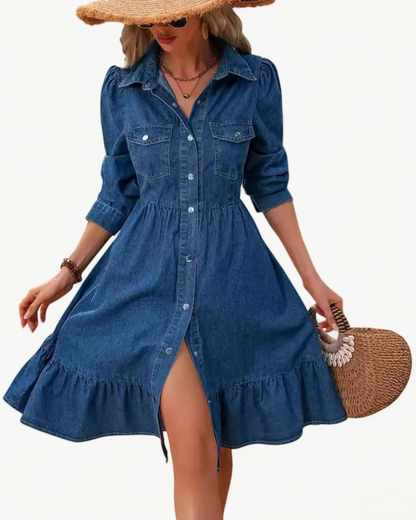 HÉLOÏSE – Denim Dress with Buttons & Ruffles