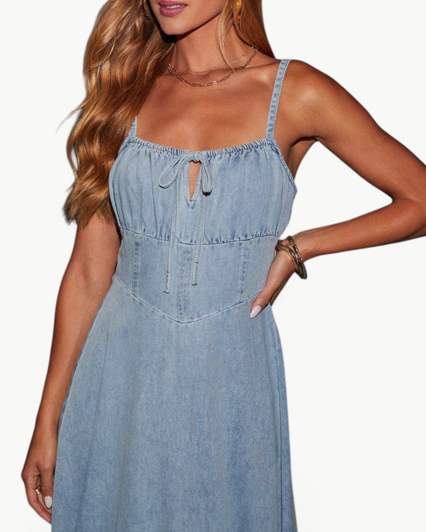 SOLEIL – Denim midi dress with narrow straps | Summer and stylish