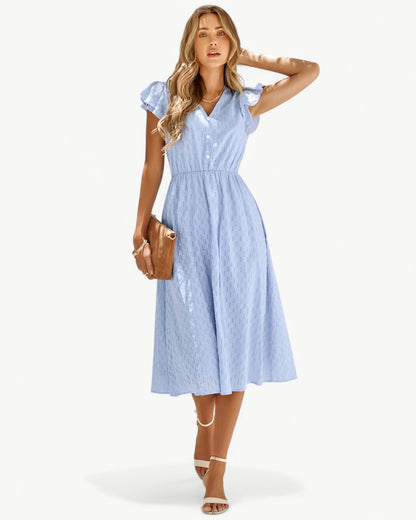 LARA – Midi Dress with V-Neck and Ruffle Sleeves – Light & Stylish Favorite