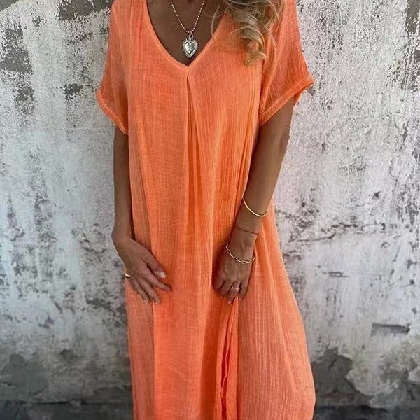 ÉVIE – Light & Airy Long Dress with V-Neck | Short Sleeved & Summery