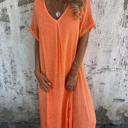 ÉVIE – Light & Airy Long Dress with V-Neck | Short Sleeved & Summery