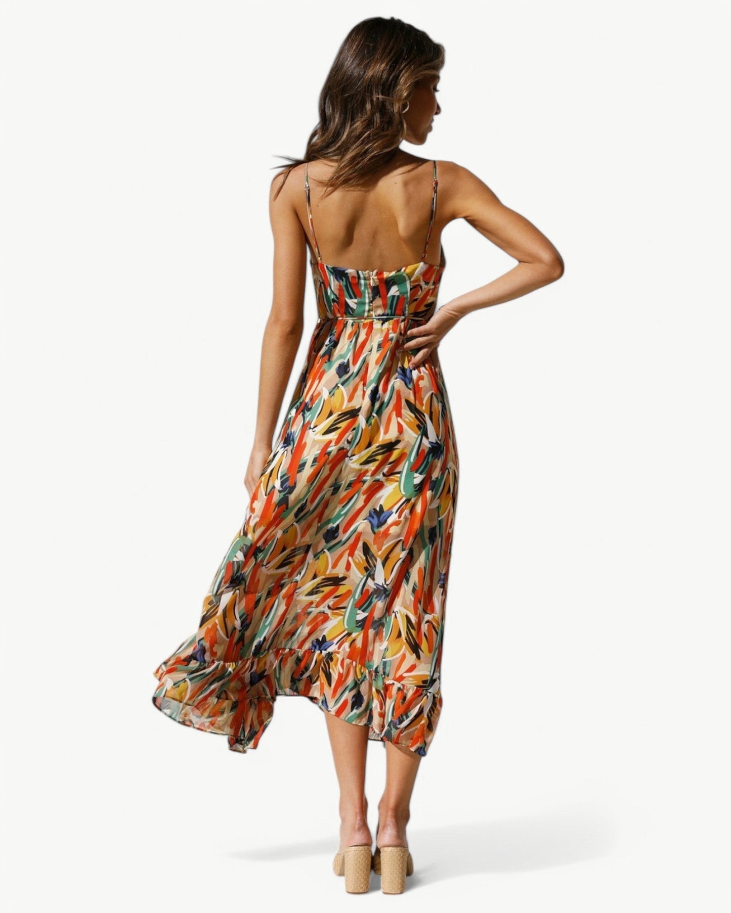 SIENNA – Patterned Midi Dress with Thin Straps – Feminine and Summery