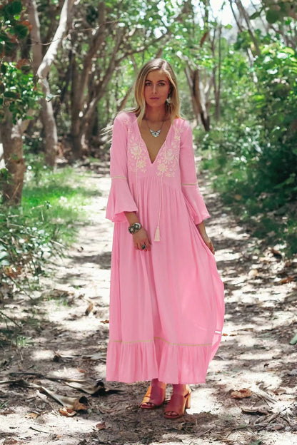 CORALIE – Embroidered Maxi Dress with Ruffle – Bohemian & Relaxed