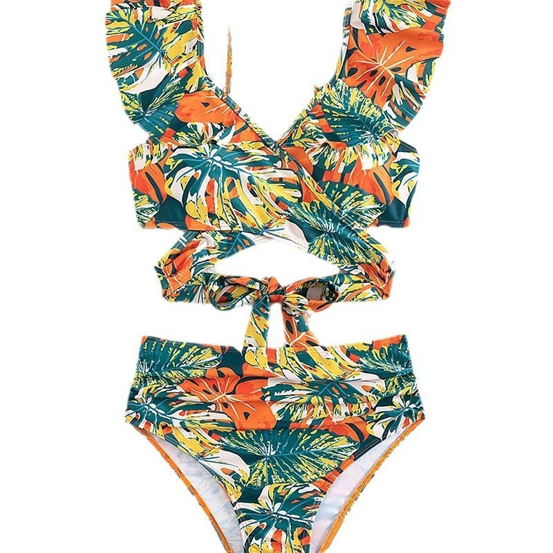 MAËLLE – Bikini set with wrap top & high waist | Leaf pattern & flattering design