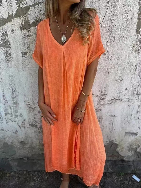ÉVIE – Light & Airy Long Dress with V-Neck | Short Sleeved & Summery