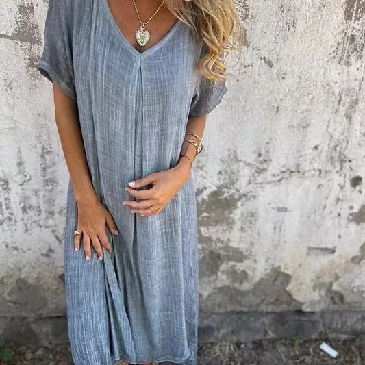 ÉVIE – Light & Airy Long Dress with V-Neck | Short Sleeved & Summery