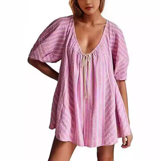 VALENTINA – Striped Short Jumpsuit with Tie | Comfortable and Summery