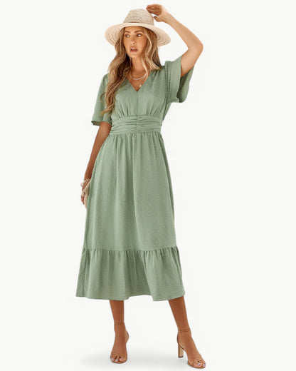 RENÉE – V-neck midi dress with short sleeves – Light and stylish