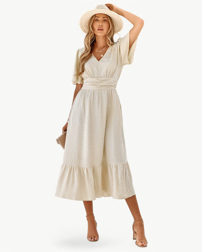 RENÉE – V-neck midi dress with short sleeves – Light and stylish