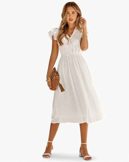 LARA – Midi Dress with V-Neck and Ruffle Sleeves – Light & Stylish Favorite