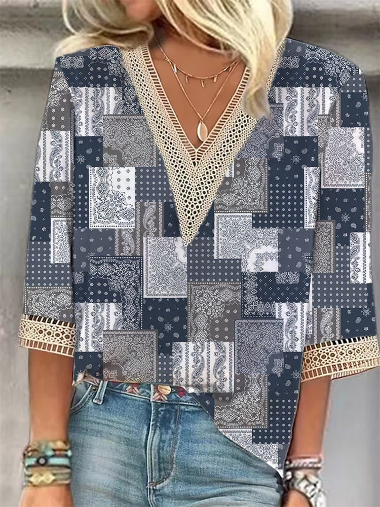 CLARISSE – Patterned V-Neck Blouse